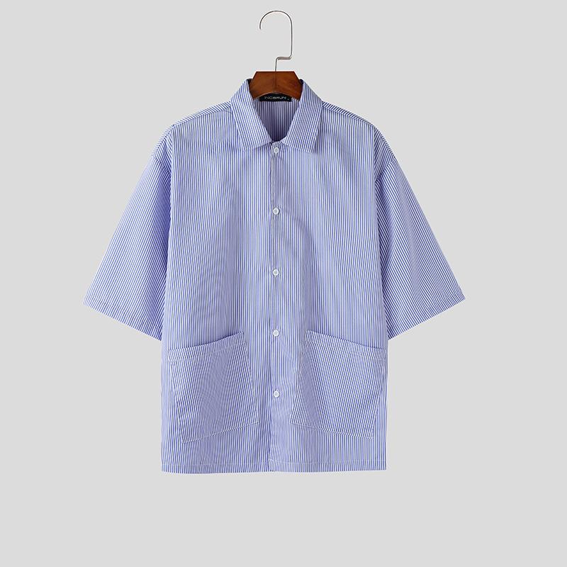 INCERUN Summer Men Lapel Neck Short Sleeve Striped Pockets Casual Oversized Shirts