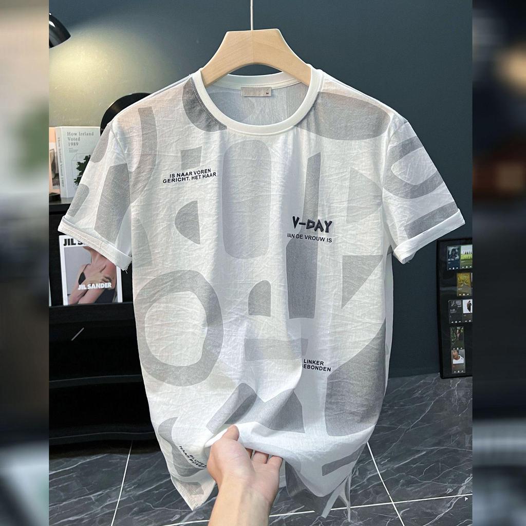 Men's Ultra-Thin Hip Hop Letter Print Short Sleeve T-Shirt, Summer 2024 Korean Style