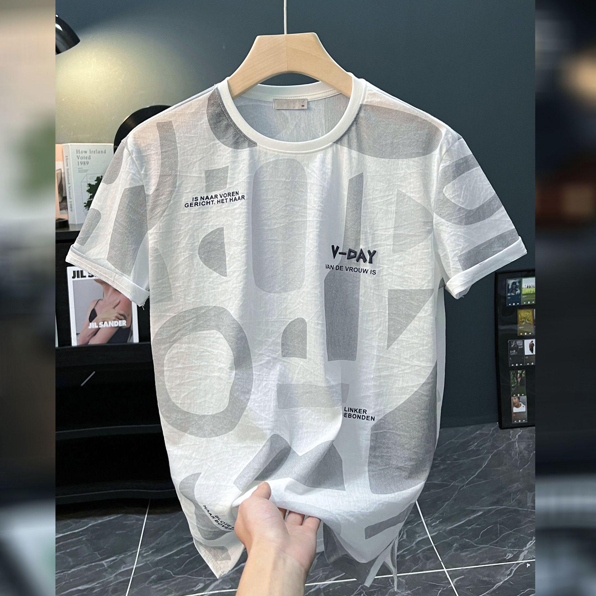 

Мужская ультратонкая футболка с коротким рукавом и принтом букв в стиле хип-хоп, лето 2024, корейский стиль M белый