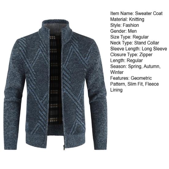 Stand Collar Long Sleeves Fleece Lining Sweater Coat Men Autumn Winter Geometric Pattern Zipper Placket Knitted Outerwear