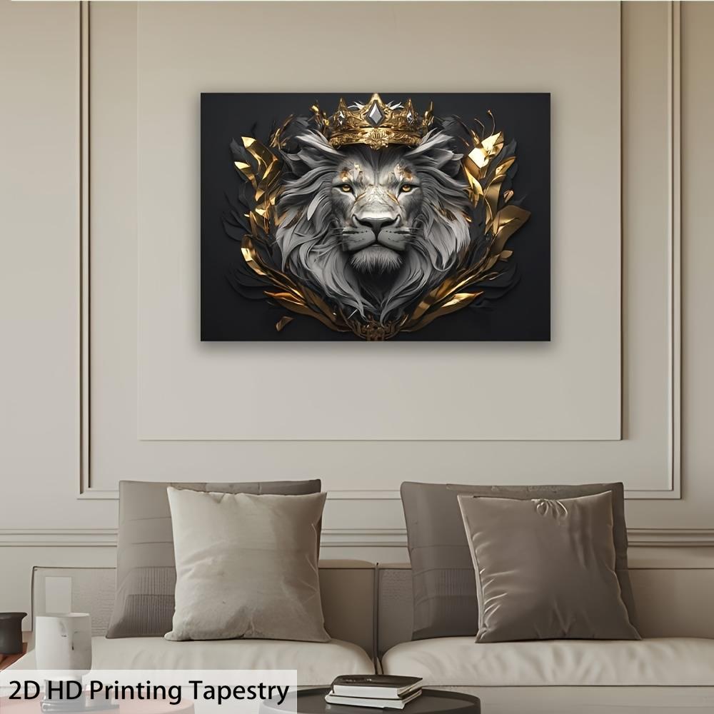 Goldene Krone Löwe Wandteppich, Majestätisches Porträt des Königs des Dschungels, Luxuriöse Tier-Wandkunst für Wohnzimmer Schlafzimmer Dekoration