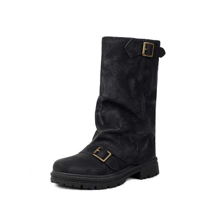 Pants Boots Belt Buckle Round Head Medium Boots Autumn and Winter Large Size Women's Boots