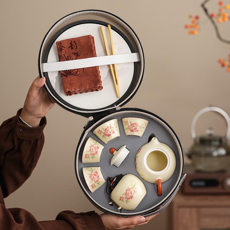 Kung Fu brewing teapot travel tea set portable outdoor Ru kiln one pot four cups express cup carry-on bag set