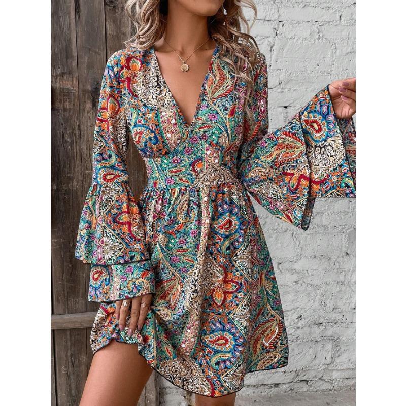 Women's Fashion Spring Fall Long Sleeve V-Neck High Waist Casual Dresses
