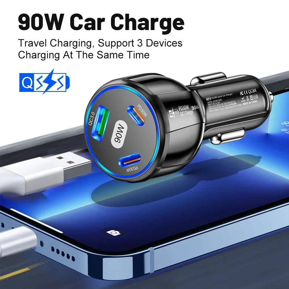 Car Charger 90W 3-in-1 QC3.0 PD Type C USB Moblie Phone Fast Charging for IPhone Xiaomi Samsung Car Quick Charger Adapter Tools
