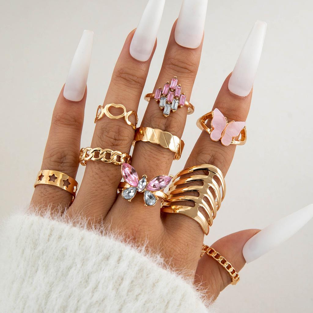 European and American New Pink Butterfly Diamond Ring Set Sweet Animal Love Cut-out Nine-piece Ring Set for Women