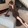 2024 Autumn French V-Neck Retro Long-Sleeve Slit Dress for Mature Women