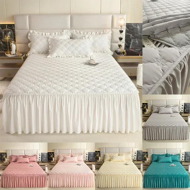 Jupe de lit brossée en coton laminé, de qualité supérieure, douce pour la peau, une seule pièce, couverture de lit à volants simples et doubles