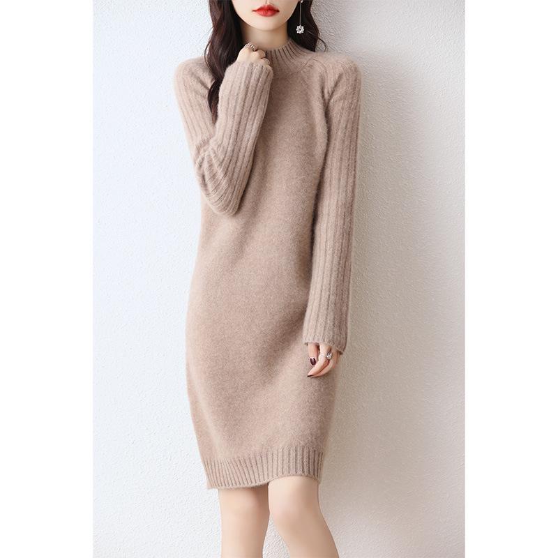 

2023 Осень/Зима Женское Свободное Утягивающее Платье-Свитер Из Чистой Шерсти С Длинными Рукавами и Полуводолазкой Double Extra Large