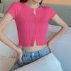 Summer Short Crop Top with Exposed Navel Slim Fit Solid Color Versatile Thin Short Sleeved Knitted Sweater for Women