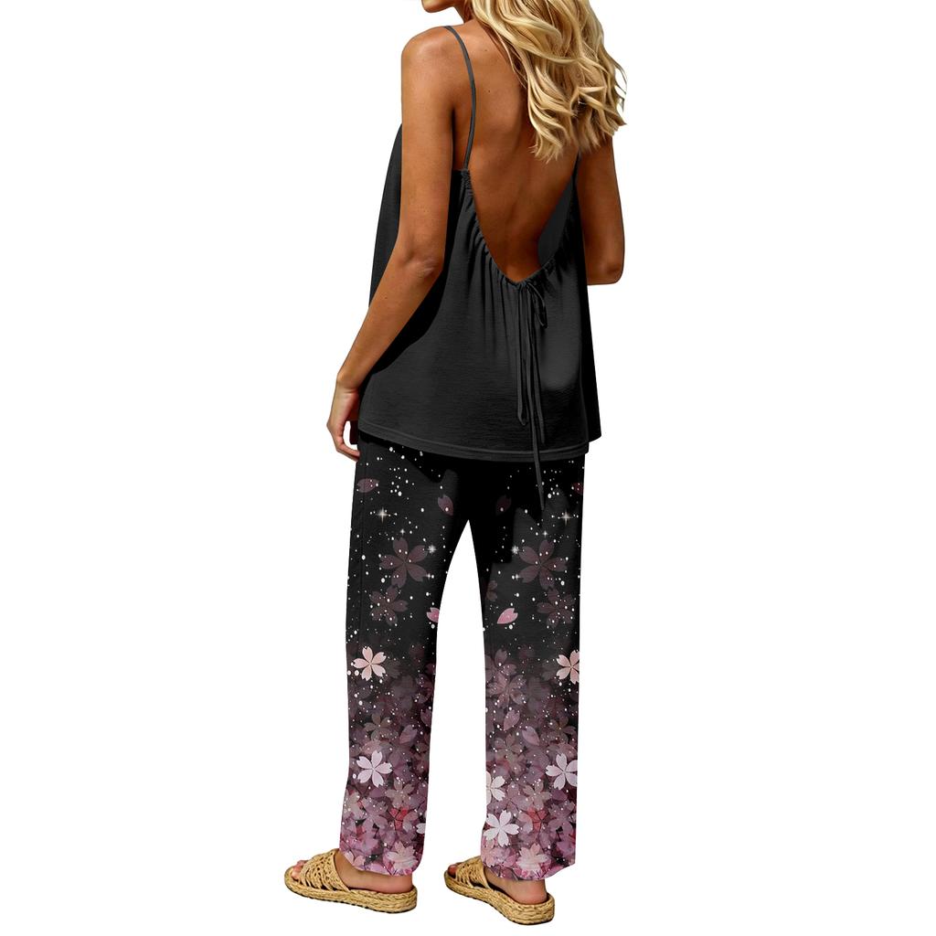 Women's 2 Piece Outfit Set, Casual Backless Sleeveless Top with Elastic Waist Long Pants, Suit No Pockets