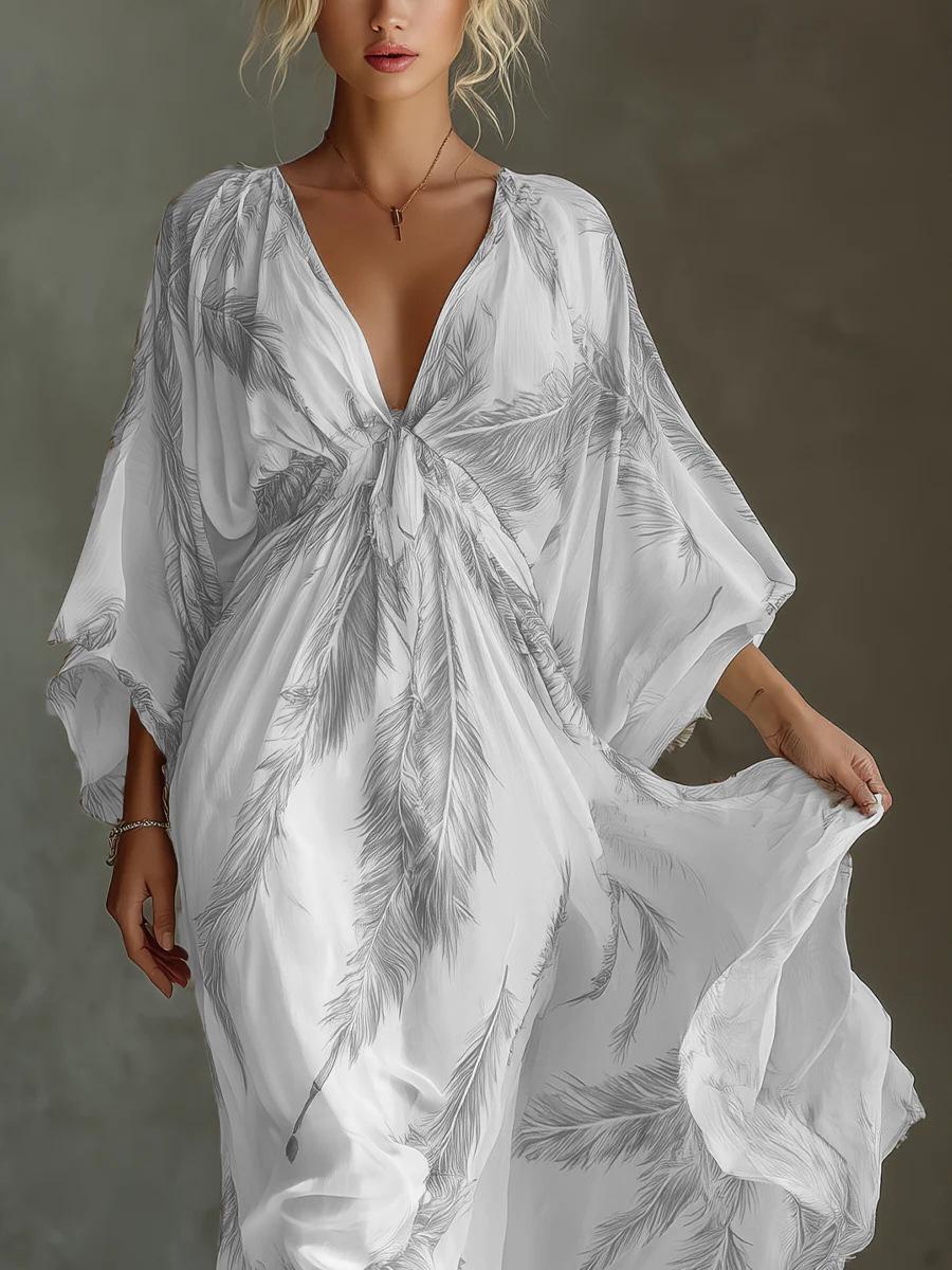 2026 Bohemian style European and American cross-border foreign trade dress, beach vacation V-neck bat sleeve casual long dress women S