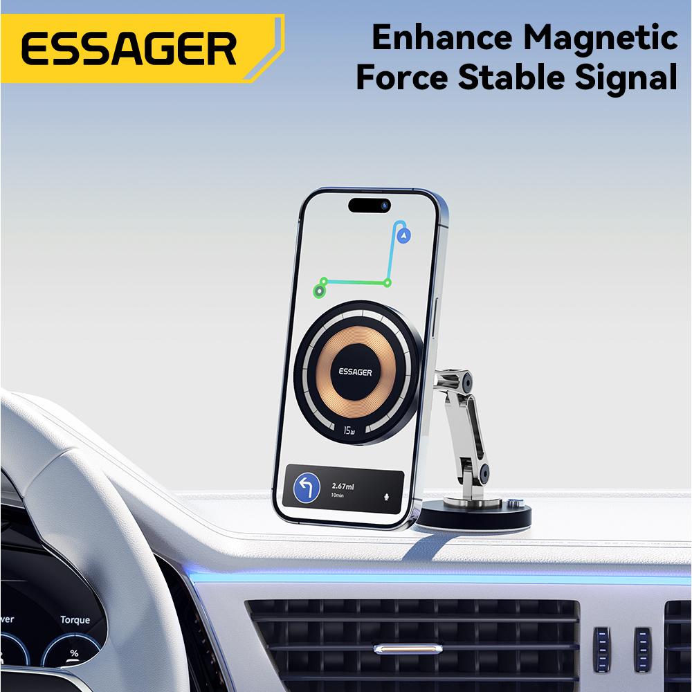 Essager Magnetic Wireless Charger Car Phone Holder 15W Fast Charging Easy Paste Mount Stand For Magsafe 15 14 13 Pro Max