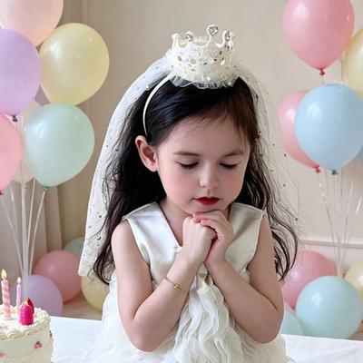 Girl Crown Headband with Sequins Imitation Pearls Princess-Style Crown Mesh Veil Toddler Princess Headpiece Baby Girl Photo Accessory