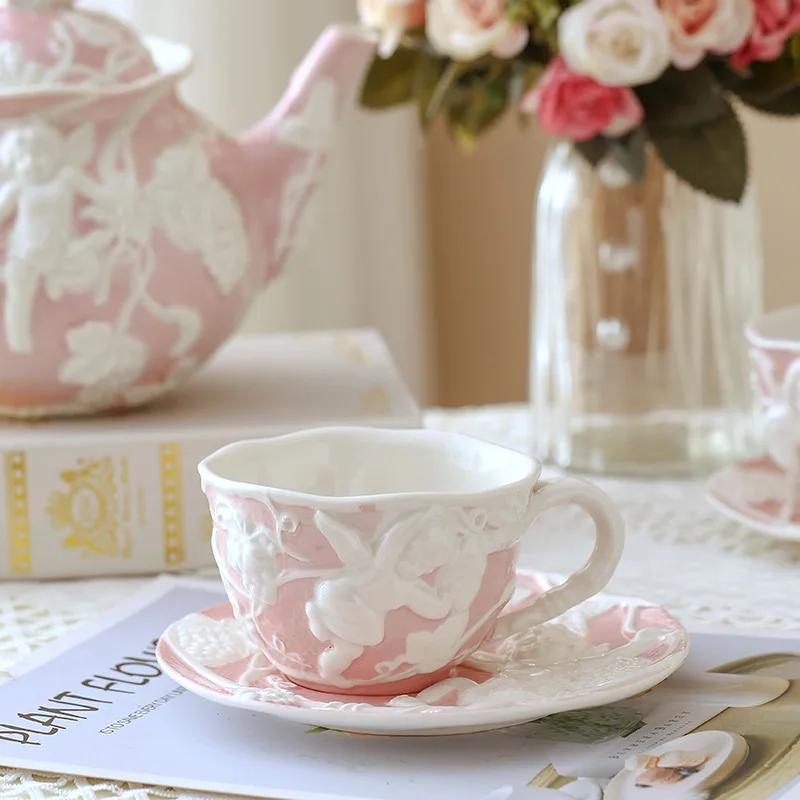 British Tea Cup Set Retro Embossed Coffee Cup Tableware Kettle Cup and Dish Home Supplies European Court Style Kitchen Ware Gift