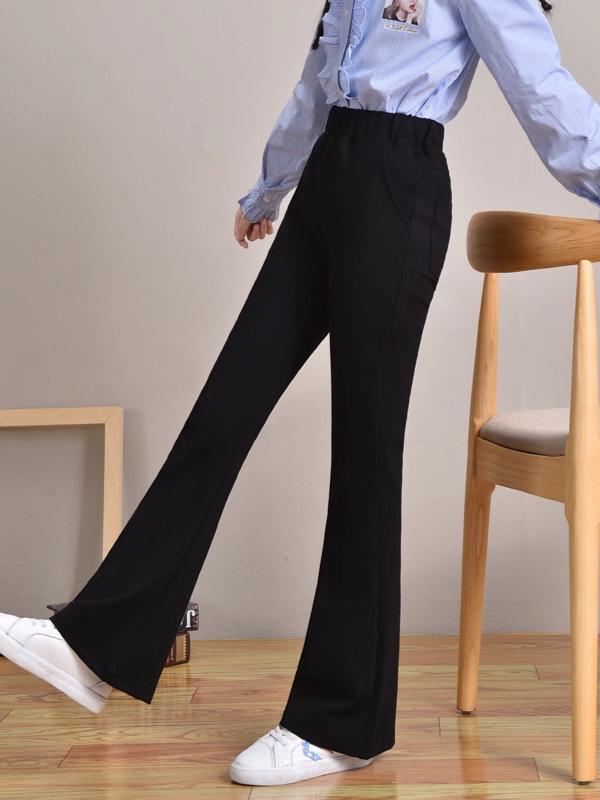 Stylish Black Flared Trousers for Girls - Fitted Waist, Autumn/Winter 2025, Casual Long Fit for Teens