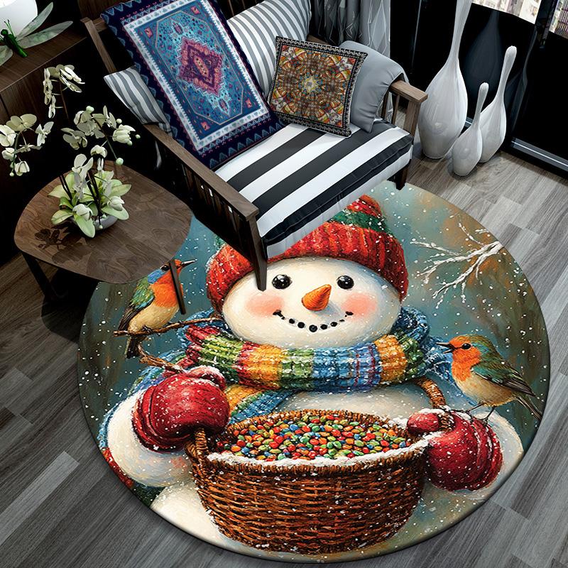 Snowman with Birds Round Area Rug,Carpet Rug for Living Room Bedroom Sofa Playroom Decor,Non-slip Floor Mat