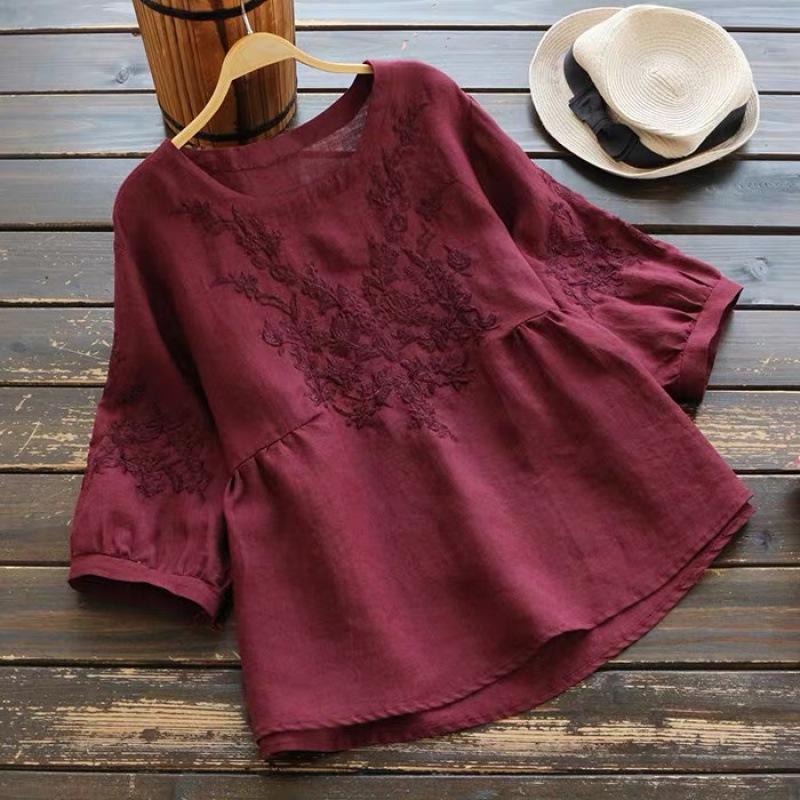 Spring and Summer Cotton and Linen Round Neck Blouse Women's Short-sleeved Loose Embroidered Shirt Thin Pullover Shirt
