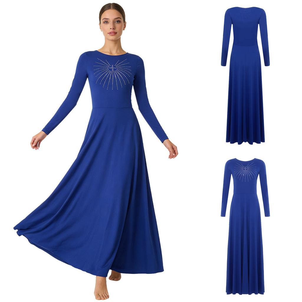 S-XXL Dámské liturgické lyrické taneční šaty Přední kamínky Dlouhý rukáv Kulatý výstřih Liniové maxi tuniky pro kostelní sbor, bohoslužby, modlitební akce