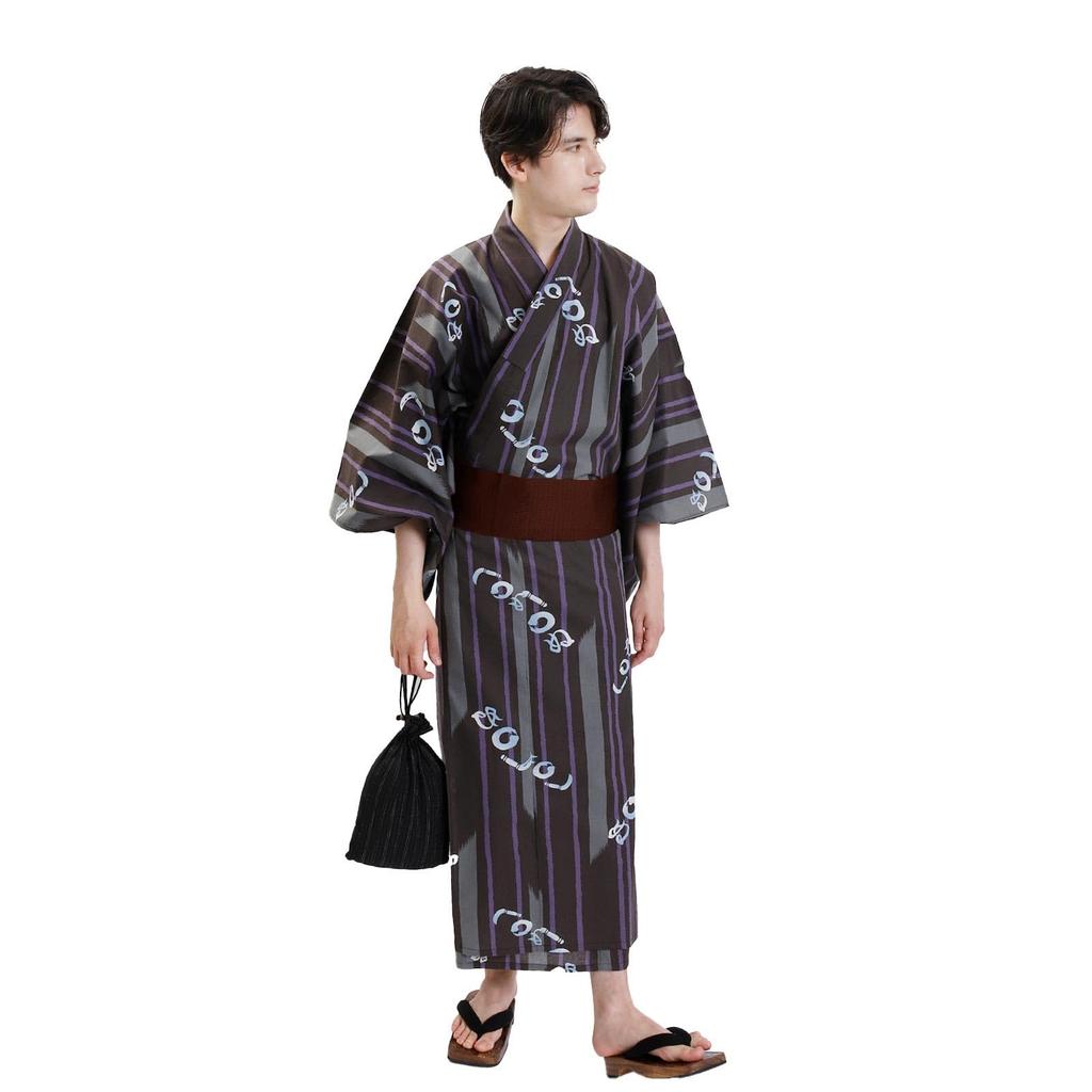 Fuuka Yukata and Obi Set Size Black and Kamawanu Made In B252 Men's (2 Pieces), Small, Purple, (Obi, Japan, Brown)