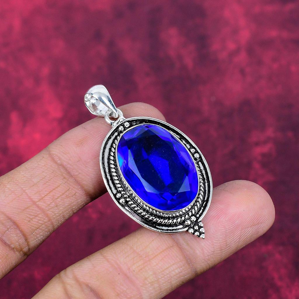 Blue Topaz Pendant, 925 Solid Sterling Silver Gemstone Jewelry, Handmade Pendant, For Thanksgiving