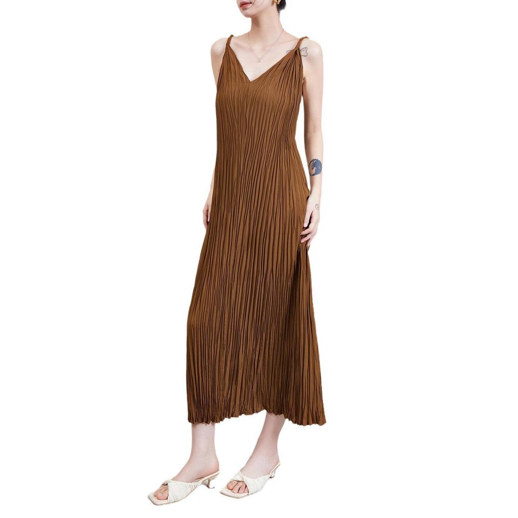 Summer French Sleeveless Pleated Spaghetti Strap Maxi Dress