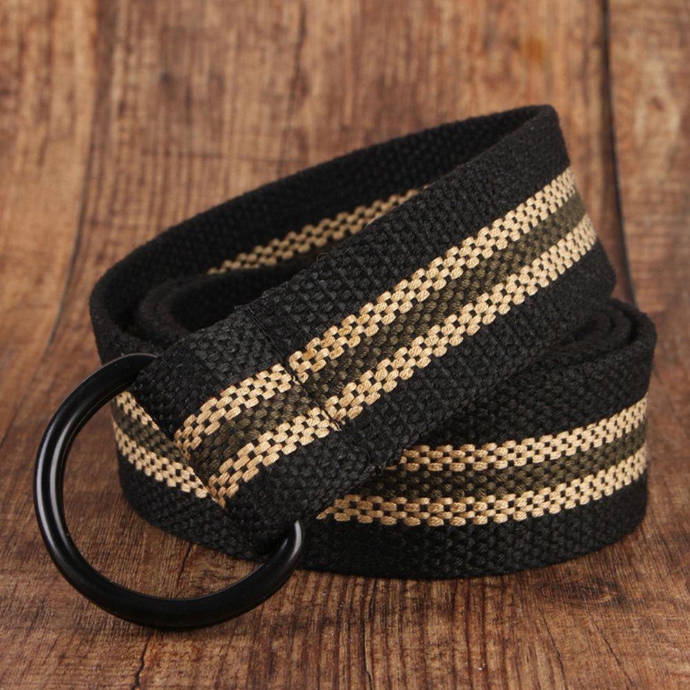 Casual Versatile Black Buckle Nylon Braided Belt Weave Waist Band Canvas Strap Double Ring Waistband