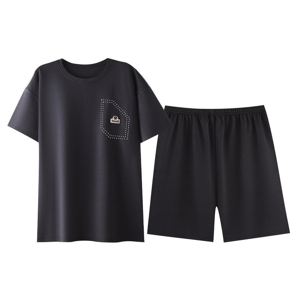 Pajamas Men's Summer Cotton Black Short Sleeve Shorts Men's Teen Summer Simple Casual Homewear Set