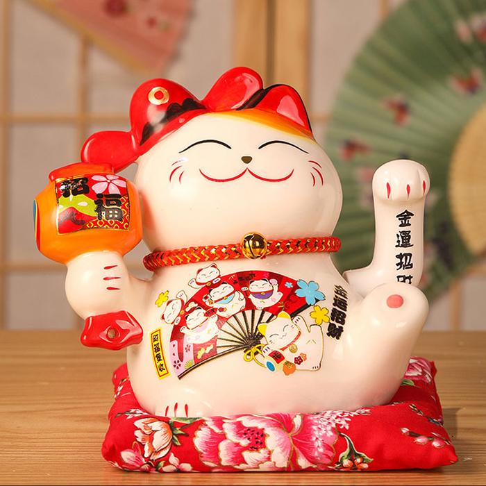 6 Inch Fortune Cat with Waving Arm Ceramic ManekI Neko Feng Shui Ornament Lucky Cat for Shops, Restaurants and Home Deoration