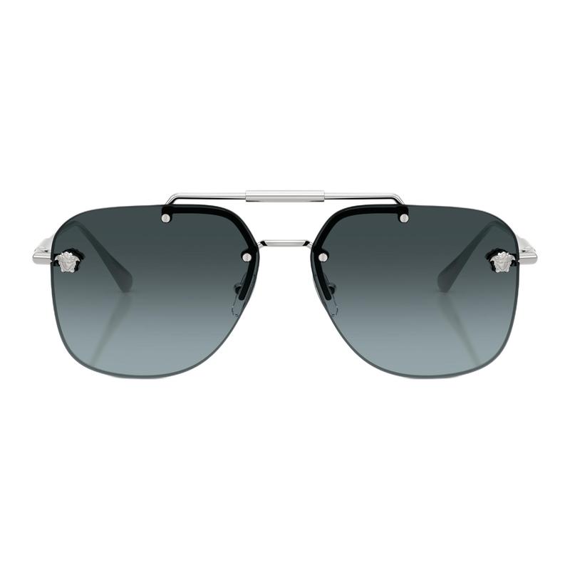 Versace Temple Lettering Metal Aviator Sunglasses Women's Silver 65990210 VE 2296 1000V1-Silver 60/14/145 - h.52