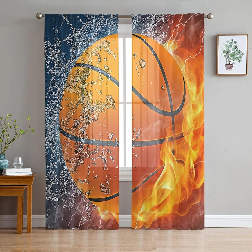 Ink Splash Basketball Sport Sheer Curtains Window Tulle Curtains For Living Room Bedroom For Kitchen Veiling Curtains Decoration