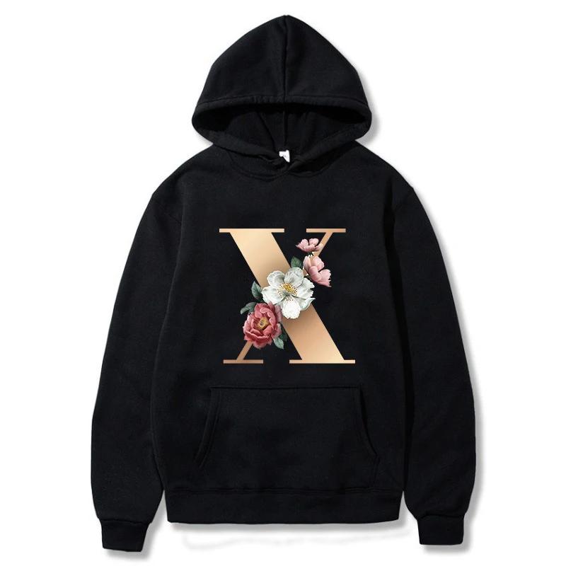 A B C D E English Alphabet Printed Female Hoodie Women New Autunm Couples Lovers Long Sleeve Hoody Harajuku Casual Black Tops