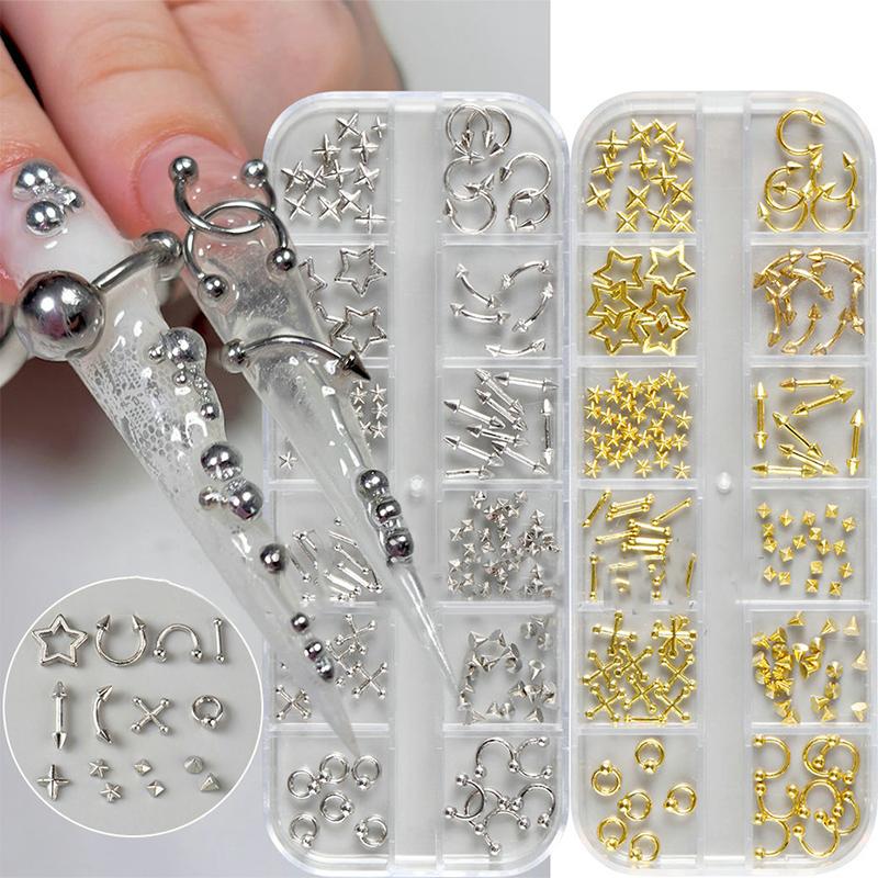 3D Gold Silver Nail Rhinestone Accessories DIY Glamour Nail Decoration 12 Grids Gothic Punk Retro Metal Nail Jewellery