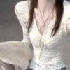 Elegant White Lace V-Neck Long-Sleeve Slim Fit Women's Top for Autumn/Winter