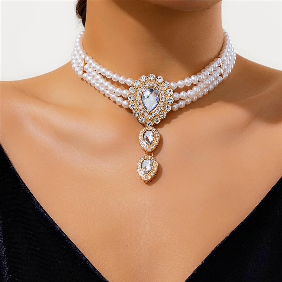 Multilayer Elegant Imitation Zircon Chain Necklace Bracelet for Women Creative Water Drop Rhinestone Zircon Set Wed Accessories