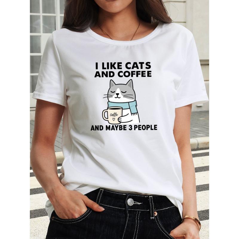 Women'S Cat And Coffee Pattern T-Shirt | Comfortable And Breathable Round Neck Short-Sleeved Casual Top, Simple Summer And Spring Women'S Clothing