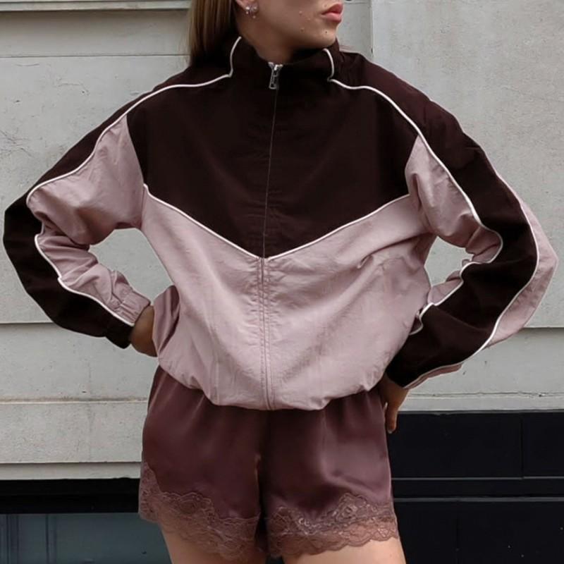Womens Fall Thin Windproof High Neck Jacket Loose Fit Color Block Zip Bubble Sleeve Casual Coat