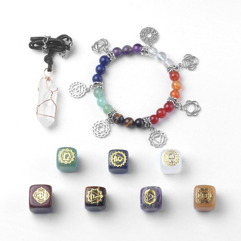 7 Chakra Crystal Gift Box Set Chakra Symbol Square Stones Chakra Bracelets Wire Wrapped Quartz Pendant Necklace Kit