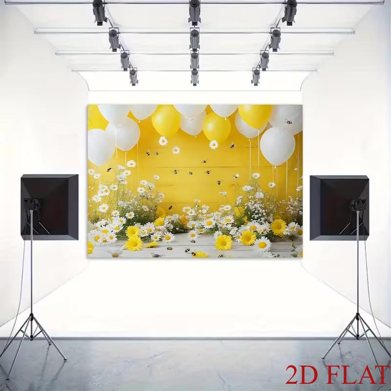 2D Flat Printing Party Backdrop Whimsical Bee and Daisy Spring Scene