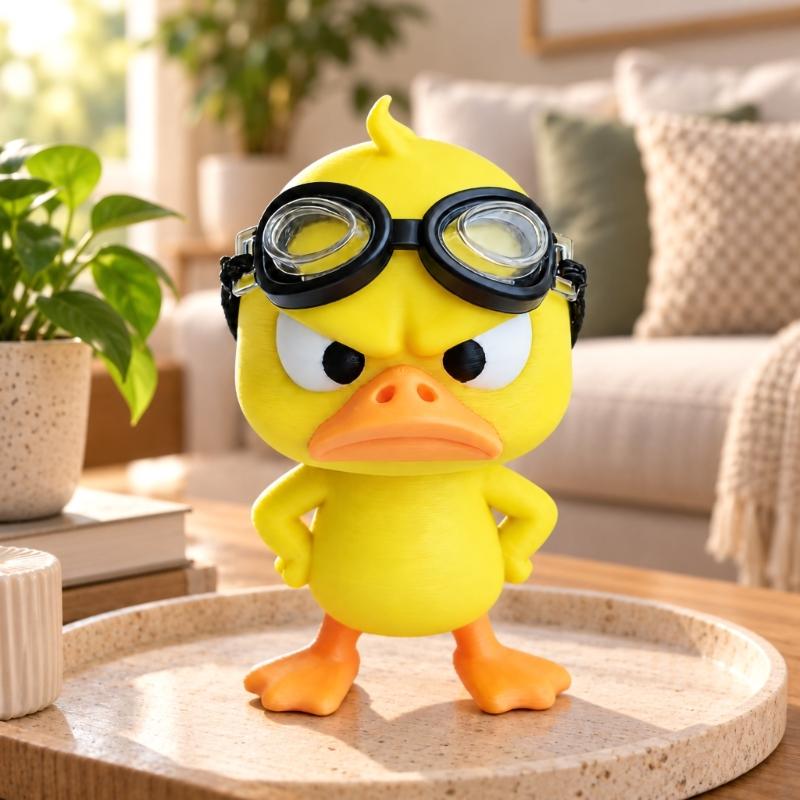 3D-Printed Angry Duck Decors, 2 Plastic Goggles-Wearing Figurines with Frowning Expression for Home or Office Desks, Shelves, and Display Cabinets