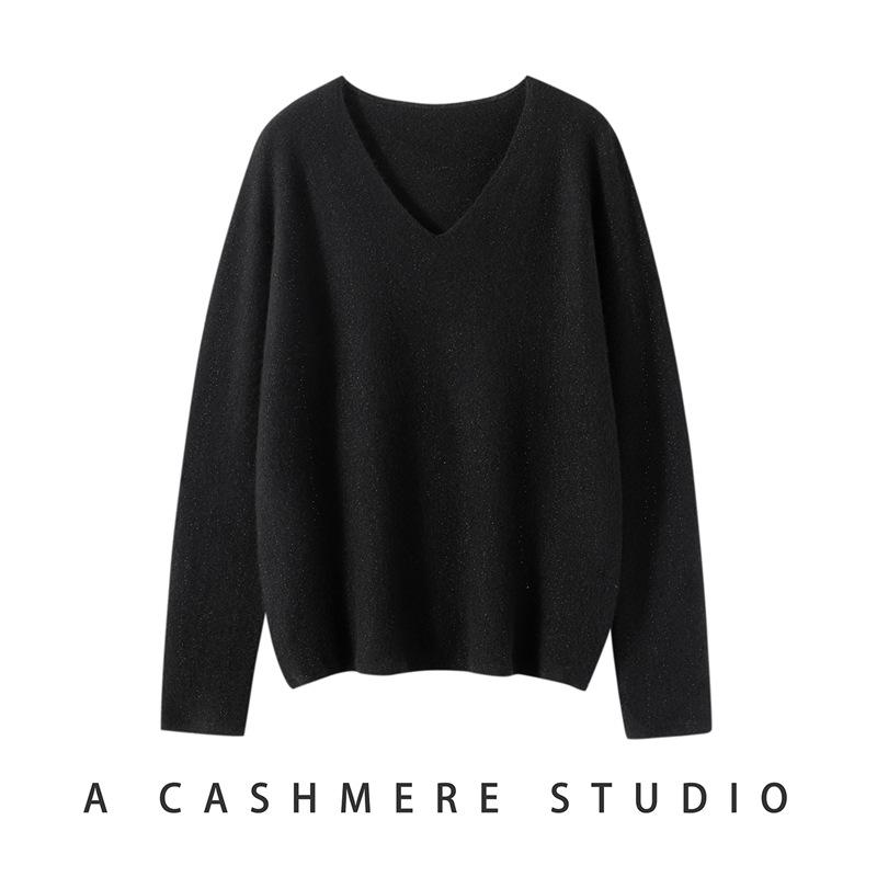 Women's Soft 100% Cashmere V-Neck Sweater - Loose Fit, Long Sleeve, Solid Color Knitwear for Autumn and Winter