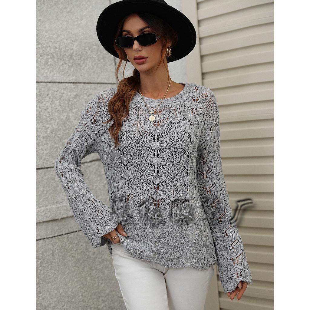 2024 Herbst und Winter Neu Gestrickter Europäischer und Amerikanischer Einfarbiger Hakenblumen Aushöhlpullover Rundhals Lockerer Pullover für Damen