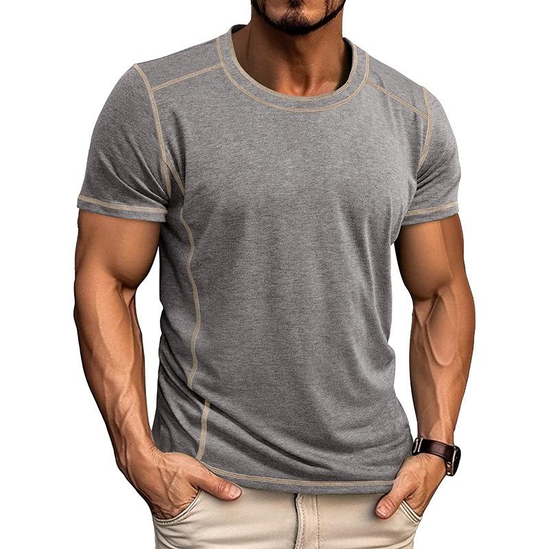 Men's Casual Contrast Stitching Crew Neck T-shirt Short Sleeve Slim Fit Sports Tee