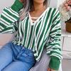 Chic Women's Loose Knitted Sweater with Balloon Sleeve and Contrast Stripe Tie, All Match Tops for Fall Winter