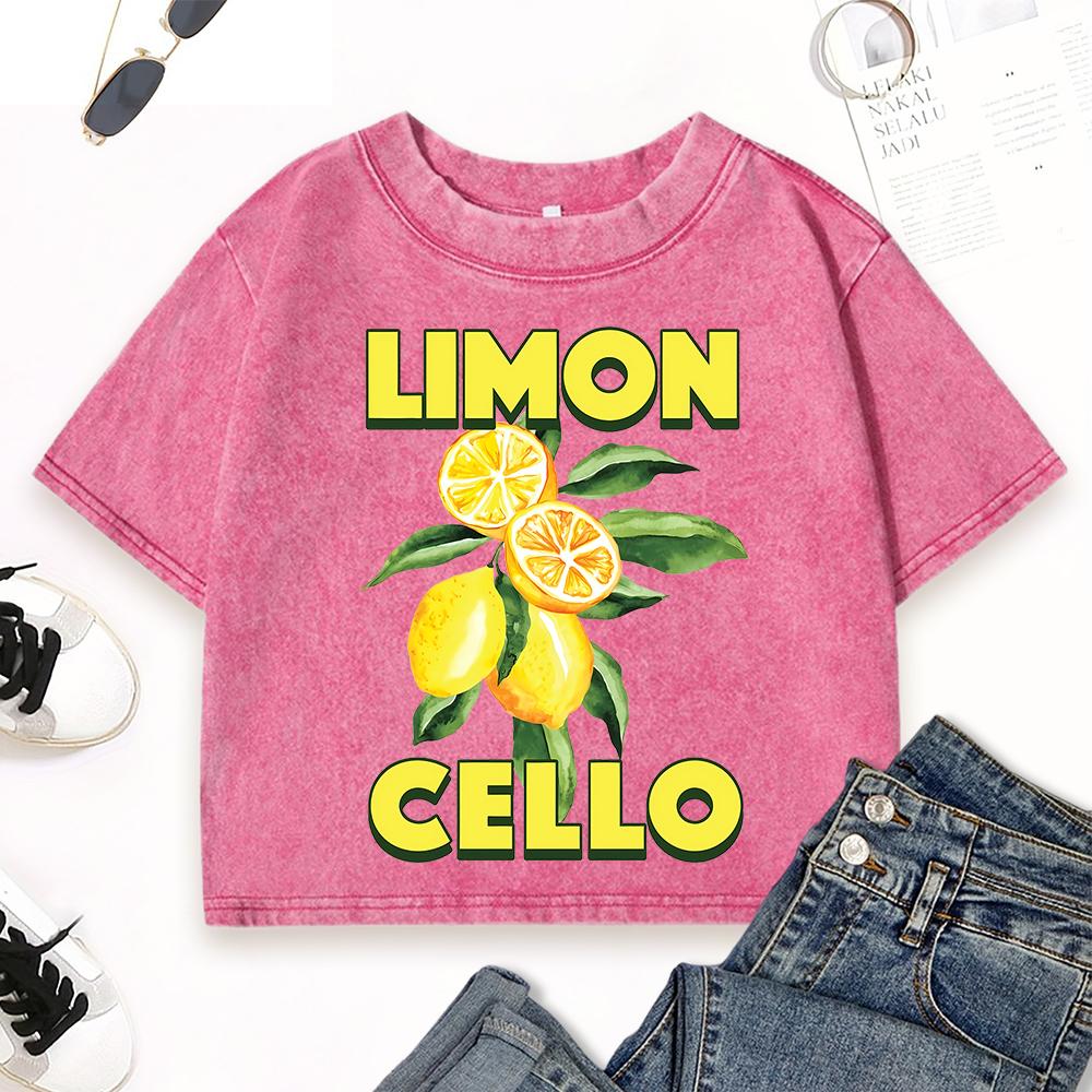 Lemon Cello Fresh Fruit Prints Washed T-Shirt Women Cotton Casual Tee Shirt Crop Street Short Sleeve Slim Streetwear