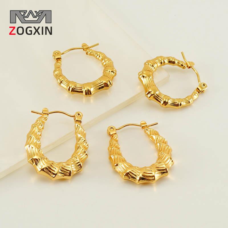 

Retro Bamboo Joint Stainless Steel Earrings for Women - 18K Gold U-Shaped Hoop 18K Gold Plated