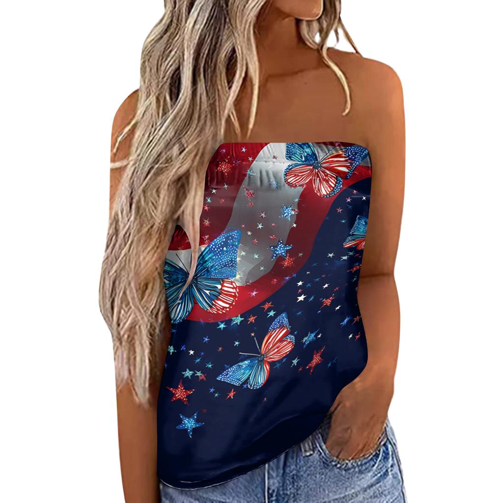 Women's Summer Sexy Strapless Off-Shoulder Elastic Band Design Independence Day Print Top