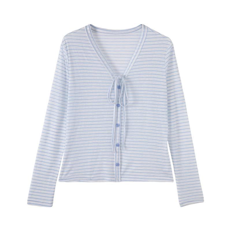 Korean Style Women's Striped V-Neck Cardigan - Summer Sun Protection, Sweet Casual Loose Fit, Long-Sleeved Top