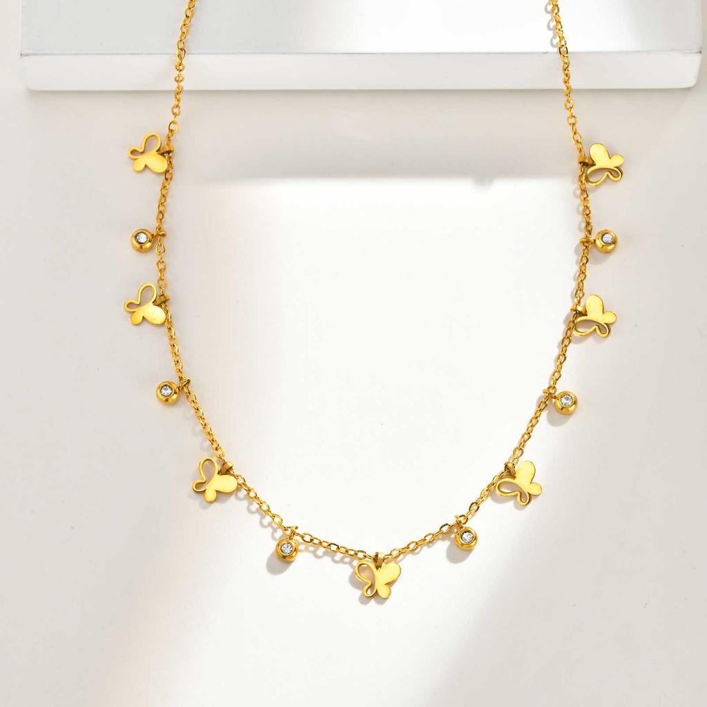 Stainless Steel Hollow Butterfly Zircon Necklace for Women,Gold Color Flat Rolo Chain Necklaces,Fashion Daily Party Jewelry Gift