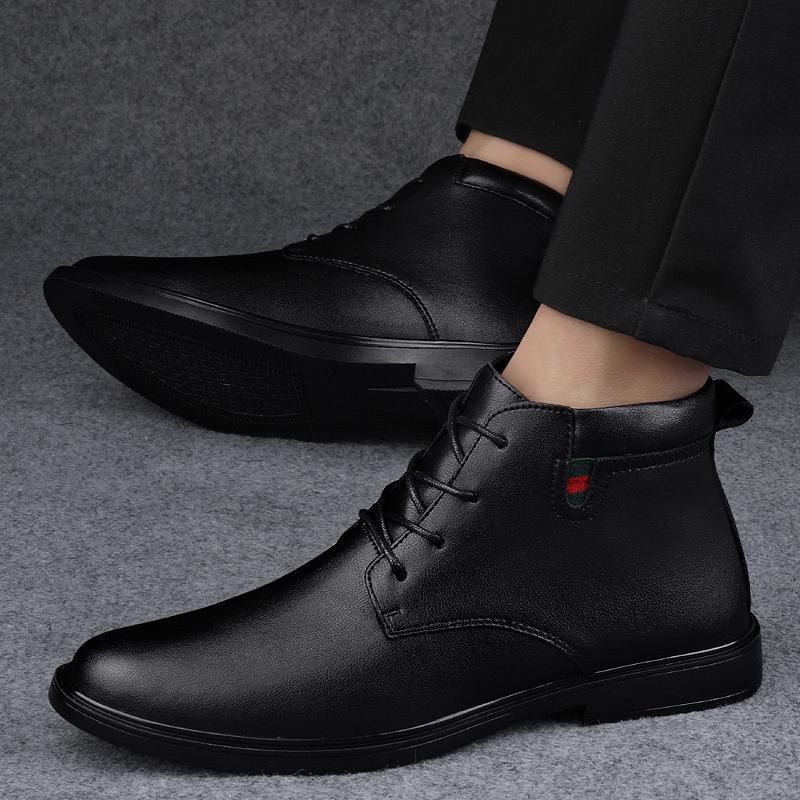 Men's Cross-Border High-Top Leather Boots - Autumn/Winter Cowhide Lace-Up Business Casual Formal Boots with Warm Velvet Lining